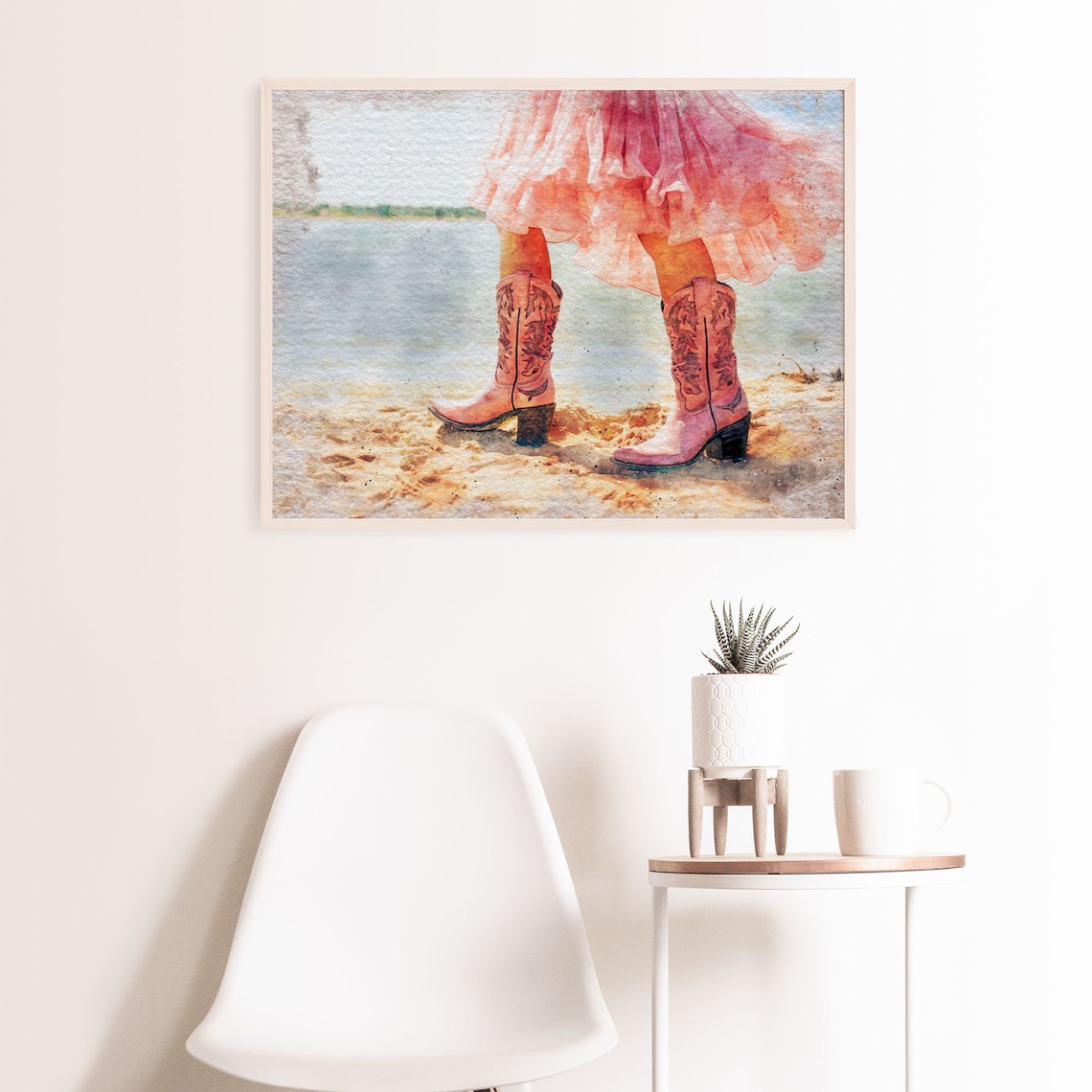 Coastal Cowgirl Pink Boots Beach Watercolor Preppy Style Wall Art - Image 6