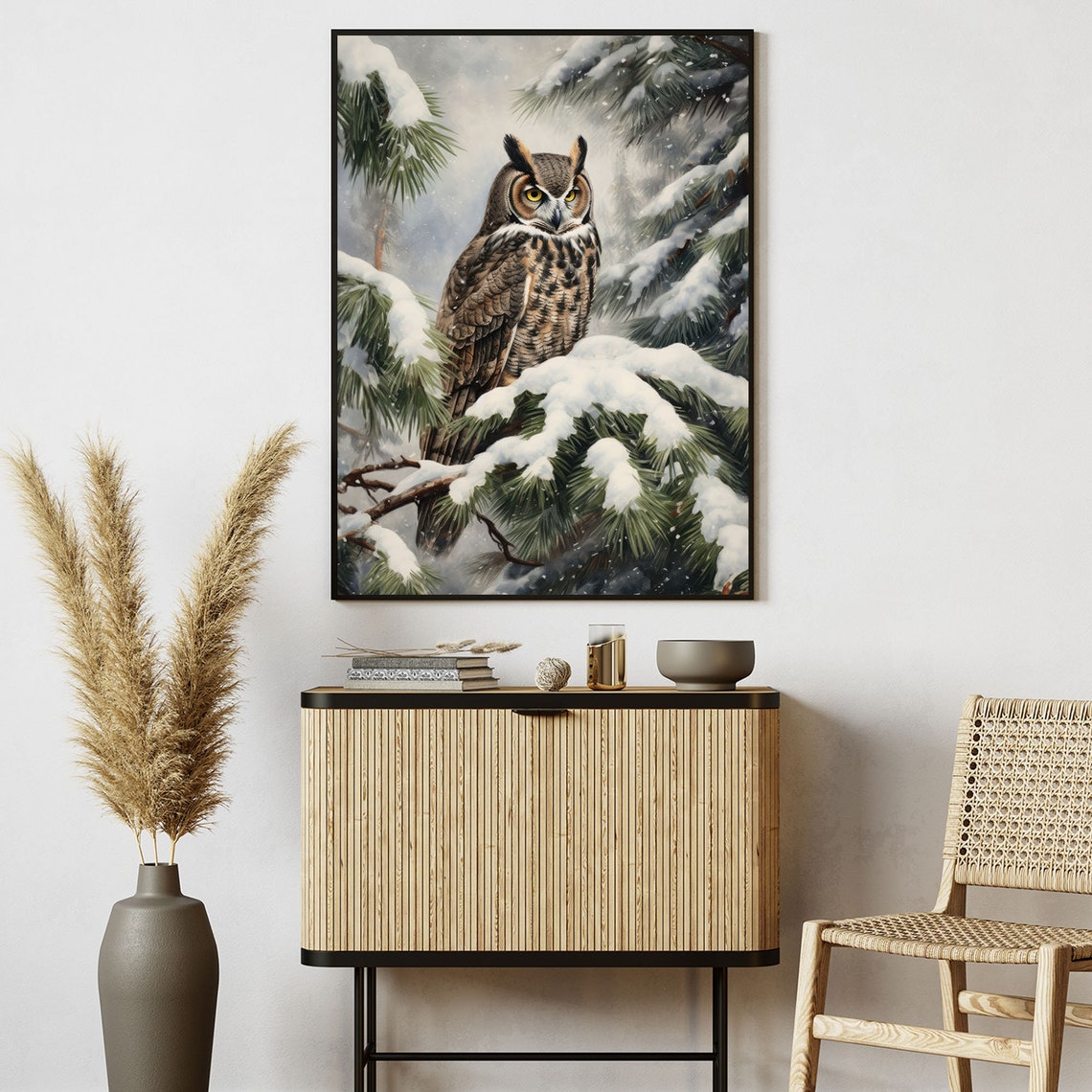 Great Horned Owl Snowy Pine Forest Winter Wildlife Art Print - Image 5