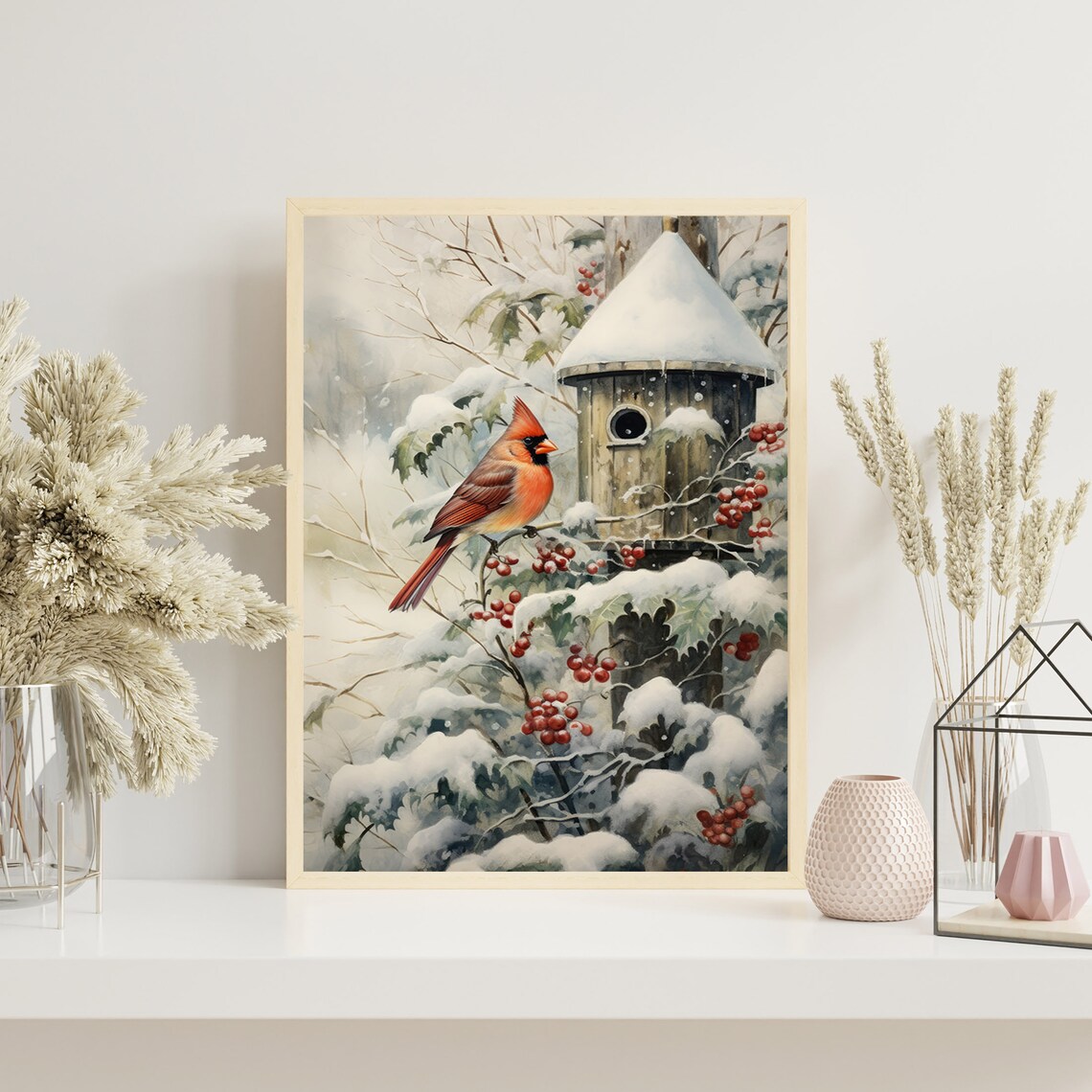 Red Cardinal Snowy Birdhouse Winter Wonderland Berries Art Print - Image 3