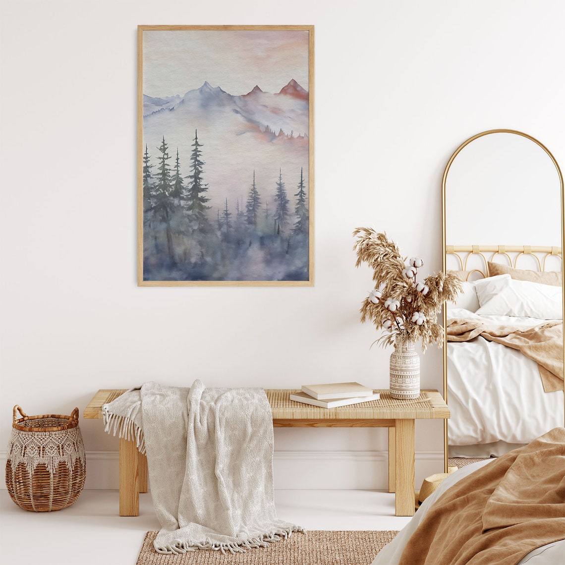 Pink Blue Pine Forest Mountain Watercolor Landscape Wall Art - Image 8