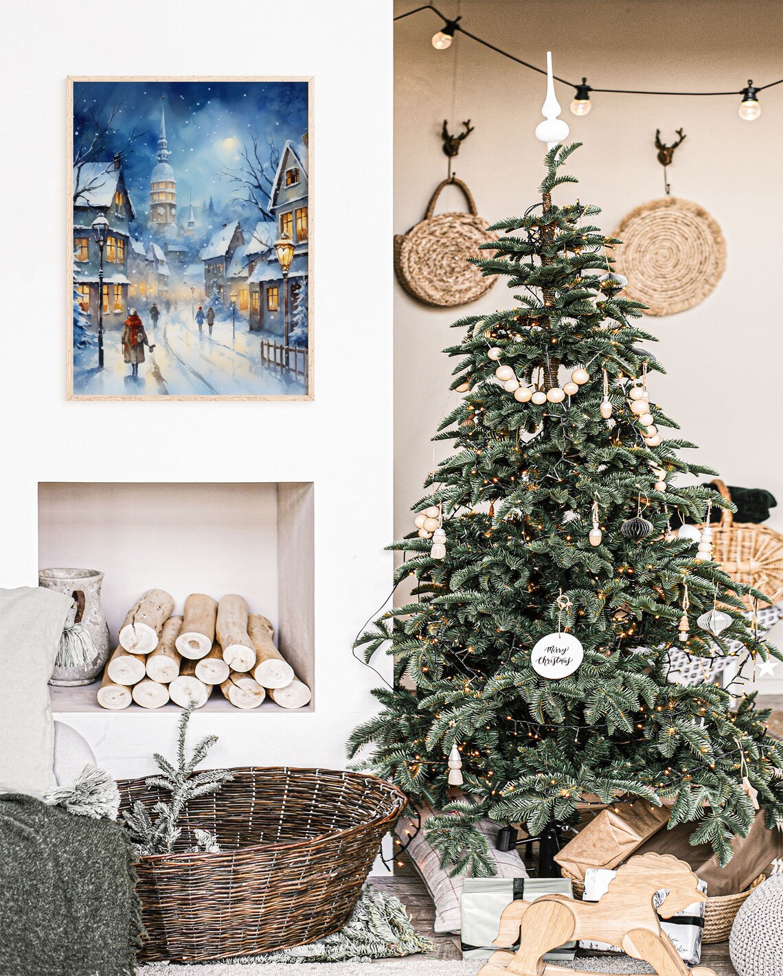 Blue Christmas Town Clock Tower Snowy Night Watercolor Art Print - Image 5
