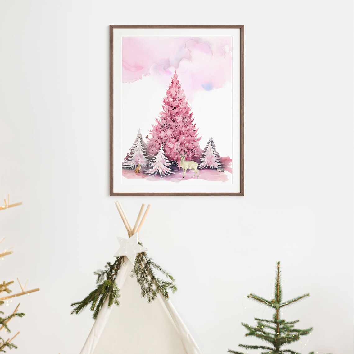 Pink Watercolor Christmas Trees Woodland Deer Holiday Poster - Image 8