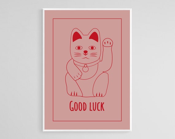 Maneki Neko Lucky Cat Retro Art Print, Japanese