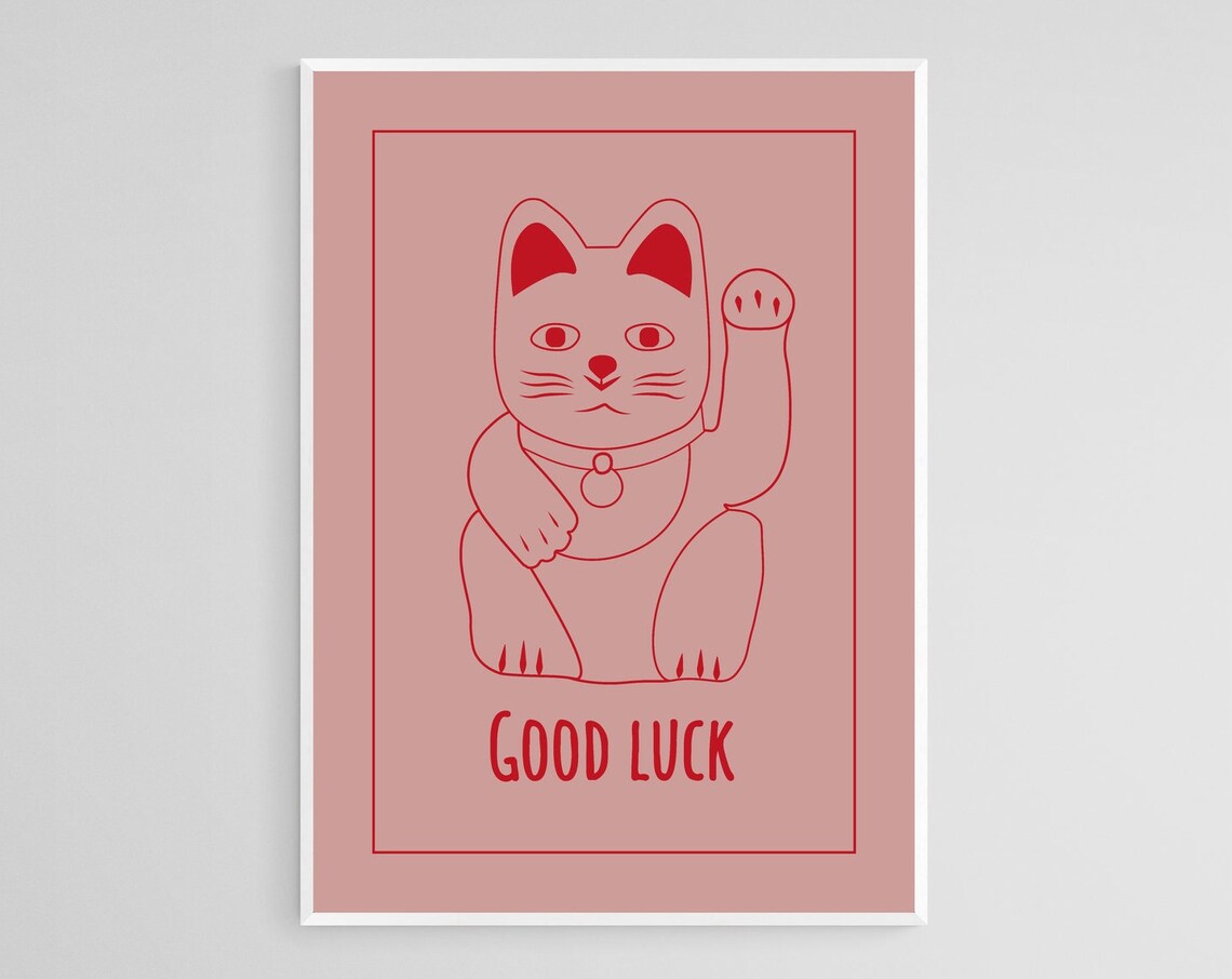 Maneki Neko Lucky Cat Retro Art Print, Japanese