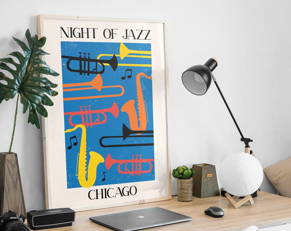 Night of Jazz Chicago Trumpet Saxophone Colorful Music Poster