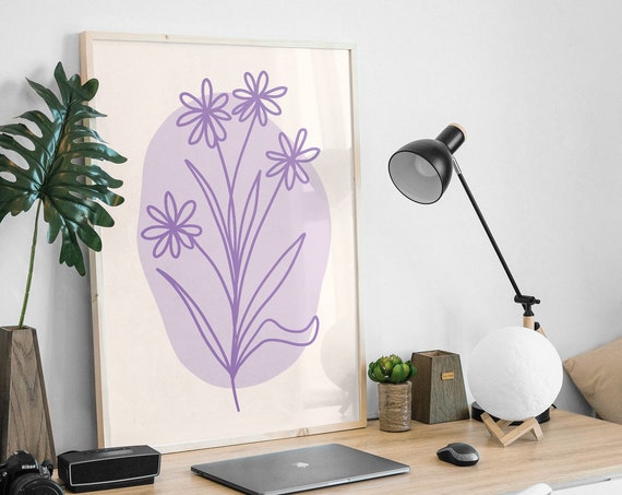 Purple Minimal Line Botanical Print Art Colorful Floral Art Cute Trendy Wall Art