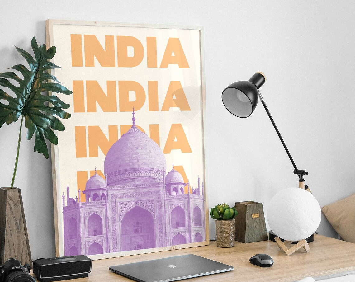 India Taj Mahal Poster with Purple Mausoleum and Orange Typography - Image 4