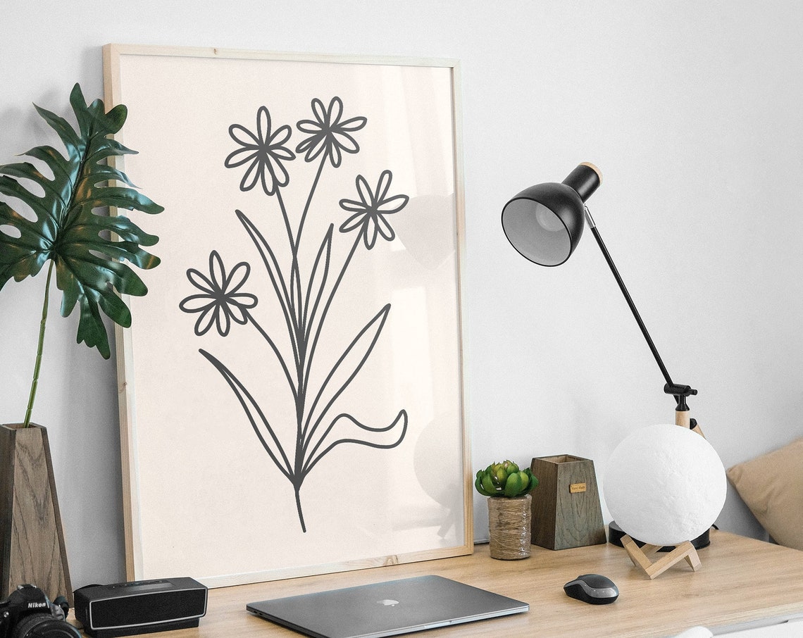 Black and Cream Daisy Line Art Flower Botanical Minimalist Poster