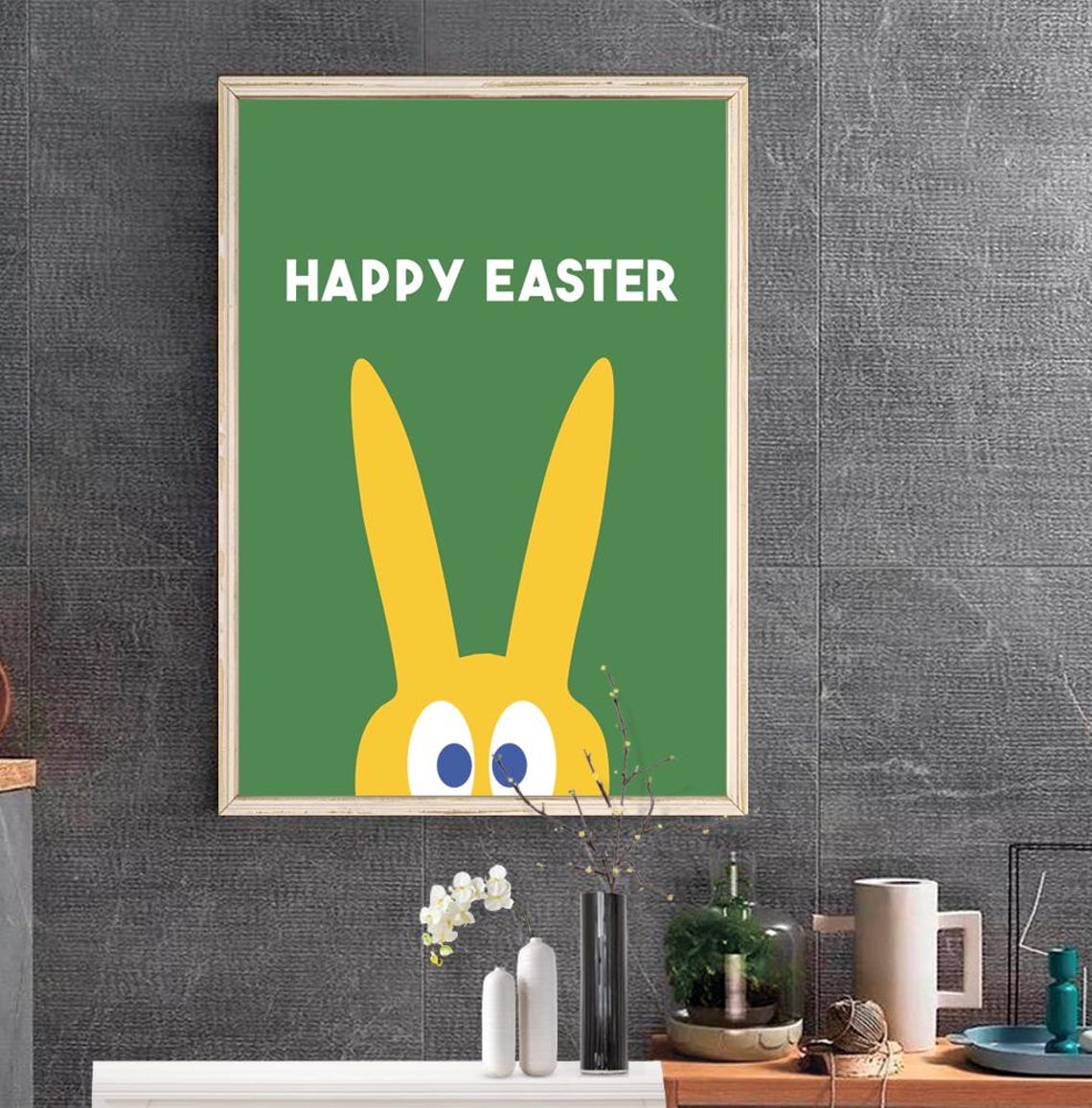 Happy Easter Yellow Bunny Green Background Playful Kids Decor Poster - Image 2