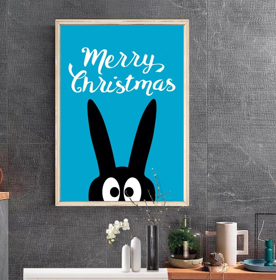 Merry Christmas White Script Blue Background Cute Bunny Decor Poster - Image 2