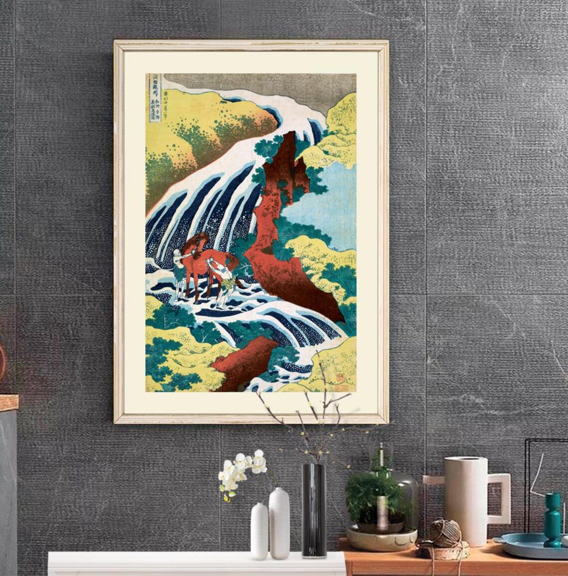 Hokusai Yoshitsune Falls Horses Japanese Woodblock Art Poster - Image 2