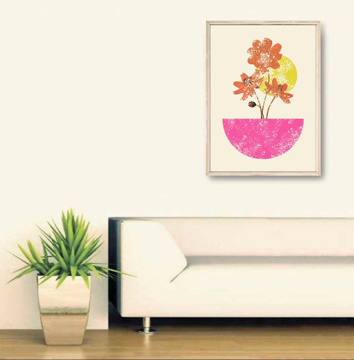 Boho Orange Cosmos Flowers Pink Half Moon Vase Modern Art Poster - Image 2