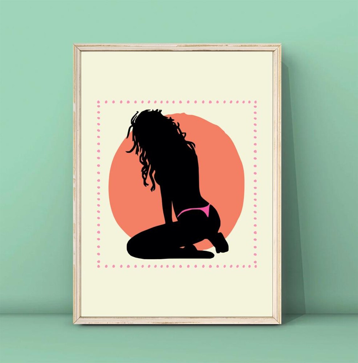 Kneeling Woman Silhouette Coral Circle Minimal Boho Art Poster