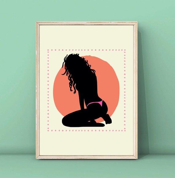 Kneeling Woman Silhouette Coral Circle Minimal Boho Art Poster