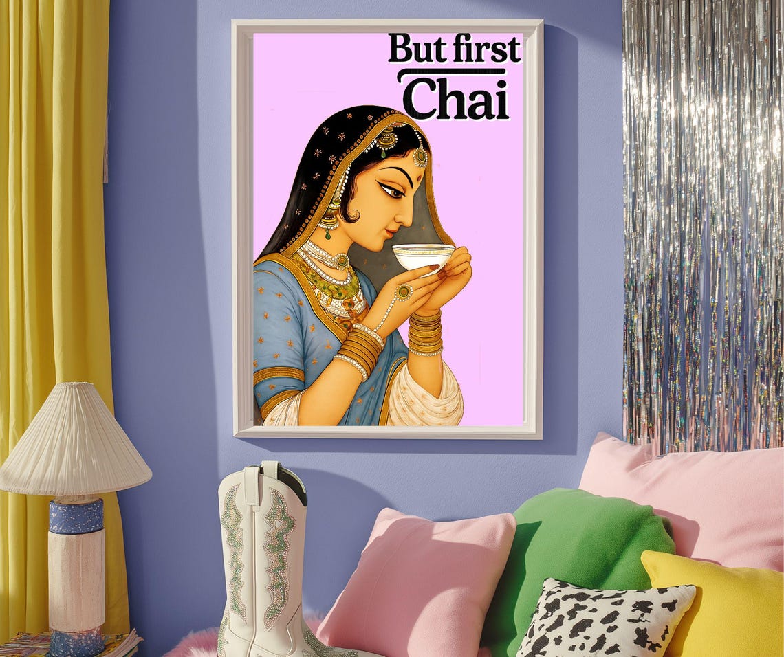 But First Chai Indian Woman Drinking Tea Pink Kitchen Wall Art