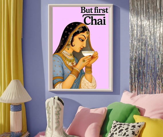 But First Chai Indian Woman Drinking Tea Pink Kitchen Wall Art