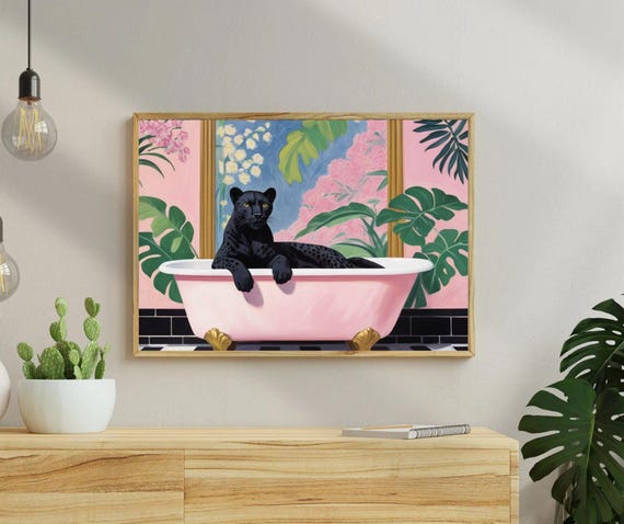 Black Leopard In Pink Bathtub Art Print Maximalist Grandmillennial Wall Decor