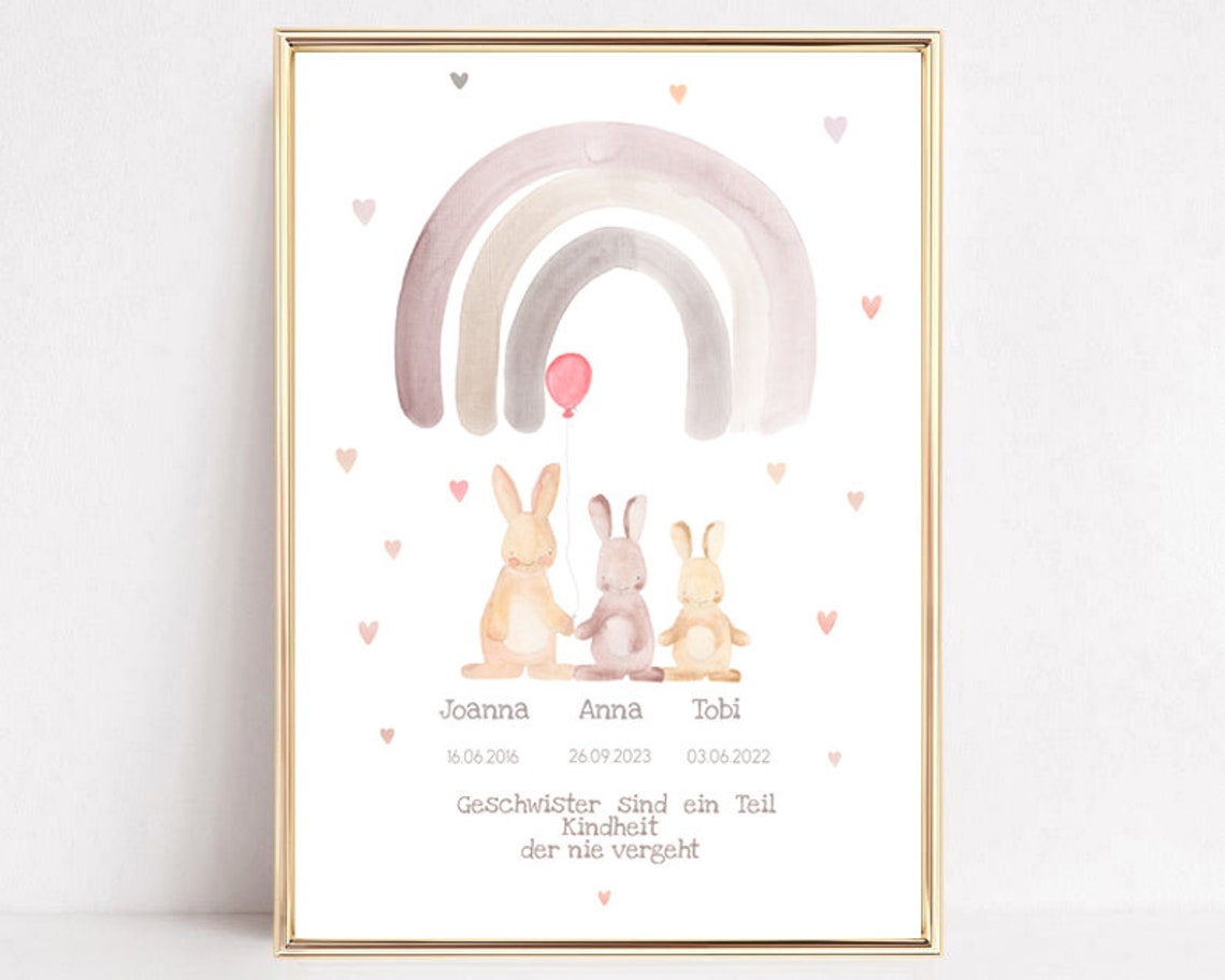 Joanna Anna Tobi Personalized Sibling Bunny Rainbow Gift Poster