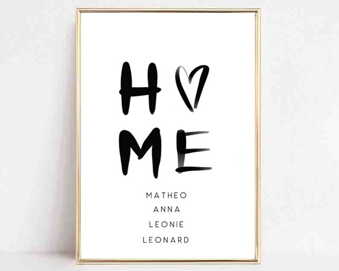 HOME Heart Typography Personalized Family Names Minimalist Art Poster