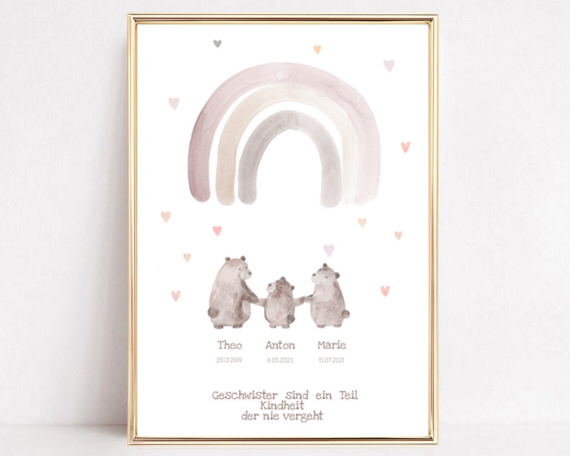 Three Bears Sibling Art Print, Personalized Birth Gift