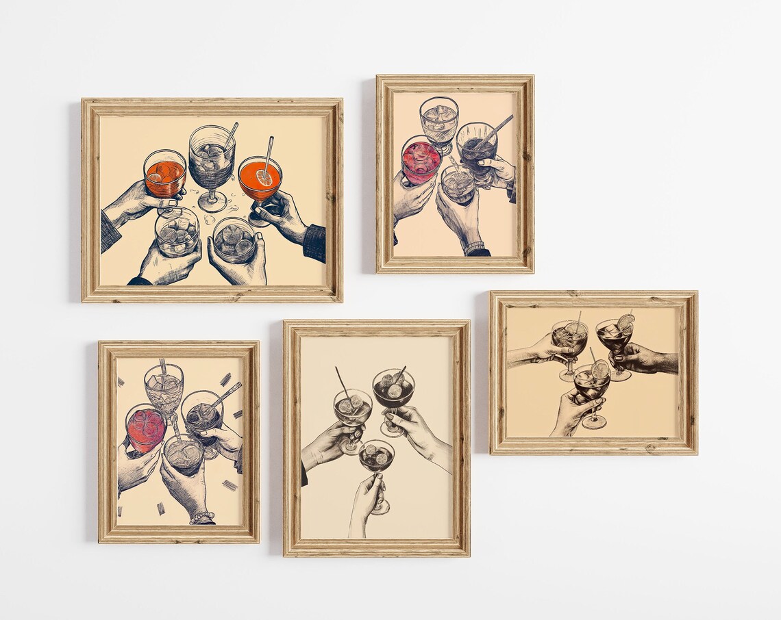 Cheers Cocktail Toast Set Of 5 Vintage Engraving Bar Art Print