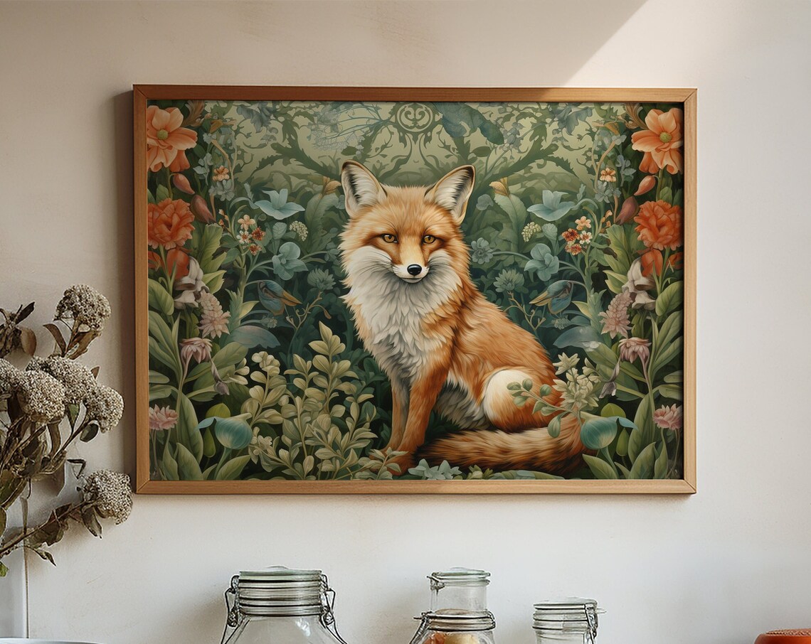 William Morris Inspired Fox Art Print, Rustic Farmhouse