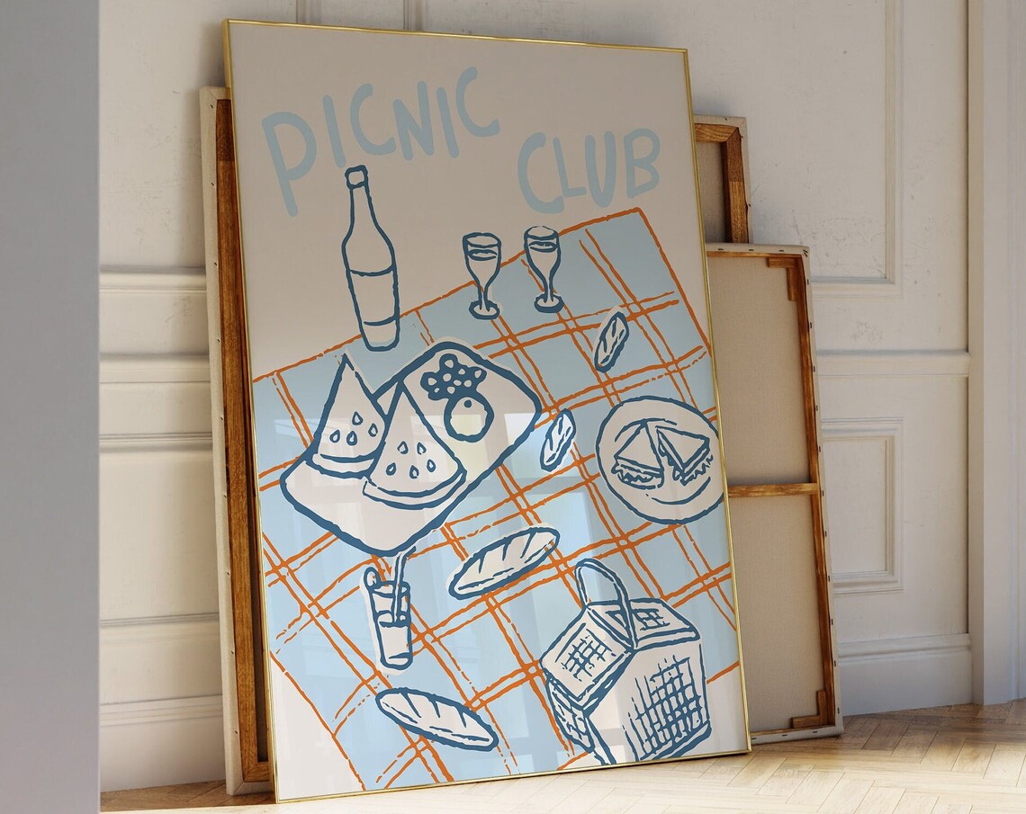 Picnic Club Blue Orange Illustrated Summer Gathering Art Poster