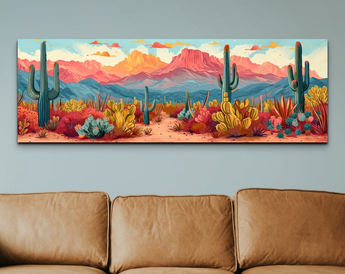 Panoramic Arizona Desert Red Rock Peaks Cactus Landscape Wall Art