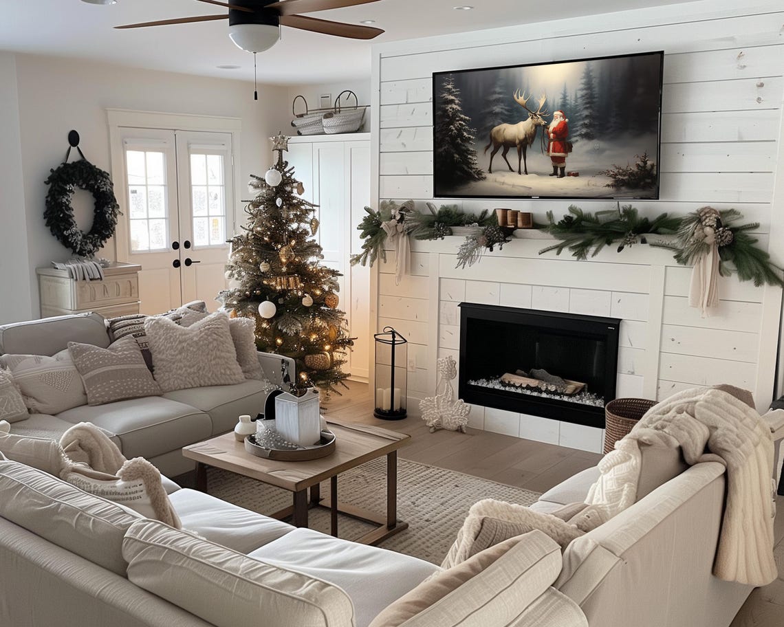 Frame Tv Art Christmas Painting Santa Reindeer In Snowy Winter Forest Tv Art Moody Holiday Decor Tv Screensaver - Image 2