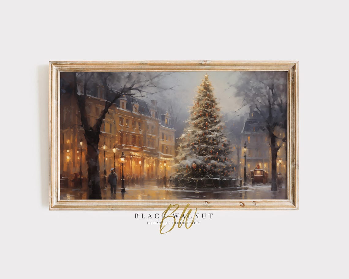 Frame Tv Art Vintage Christmas Scene Village With Christmas Tree Winter Painting Cityscape Scene Christmas Decor Holiday Tv Art