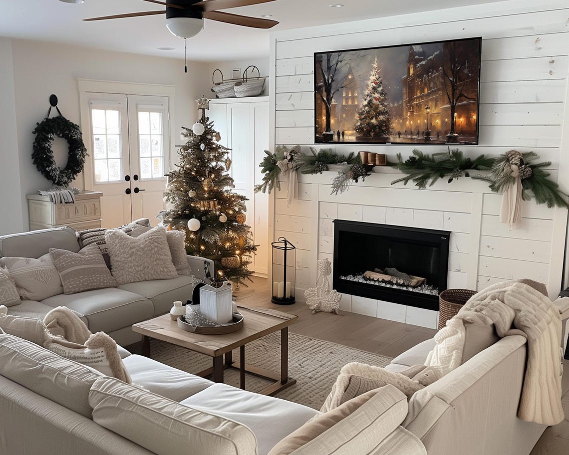 Frame Tv Art Christmas Tree In A Vintage Village Winter Painting Cityscape Winter Scene Christmas Decor Holiday Painting Tv Art - Image 2