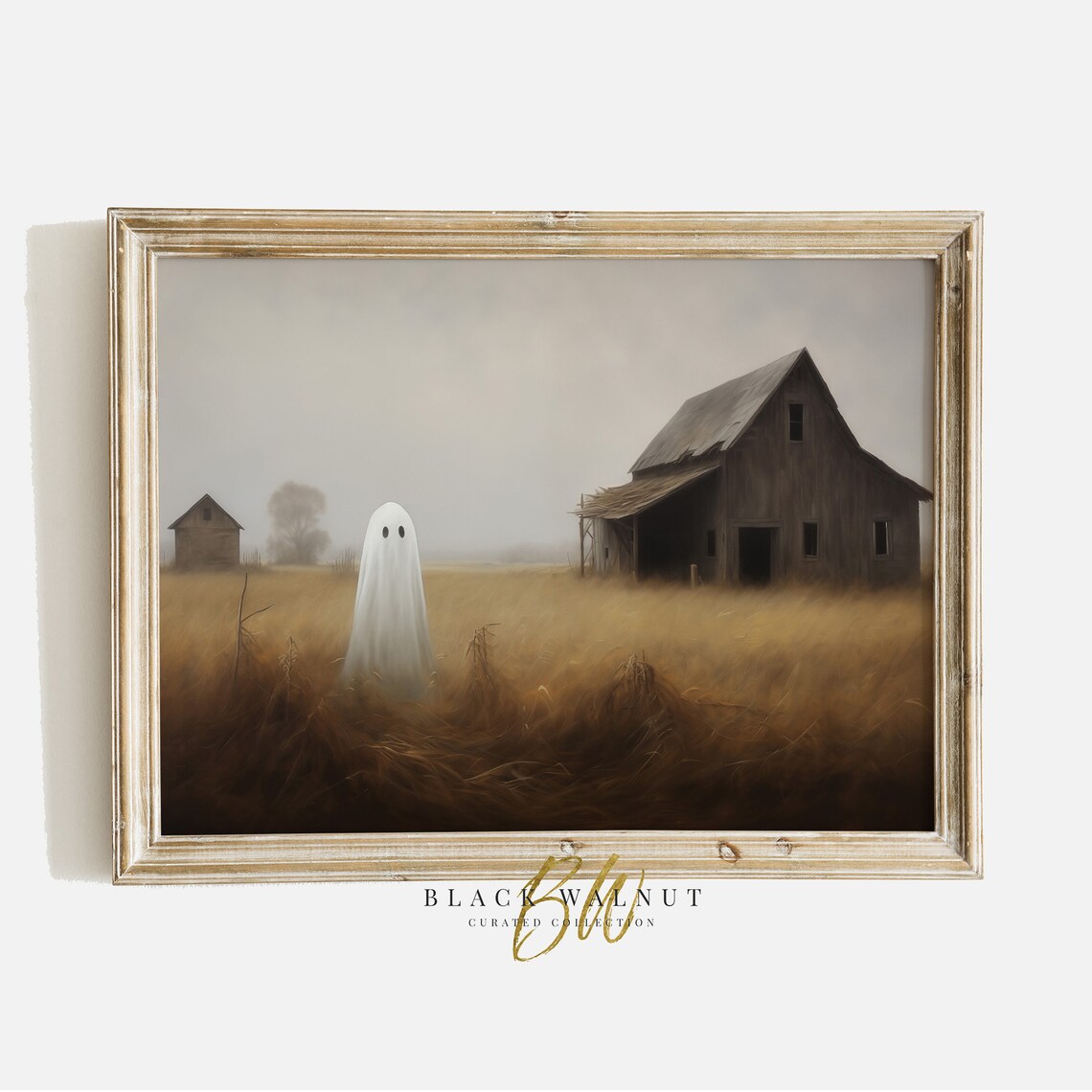 Vintage Ghost In Fall Field Misty Old Barn Halloween Cottagecore Poster
