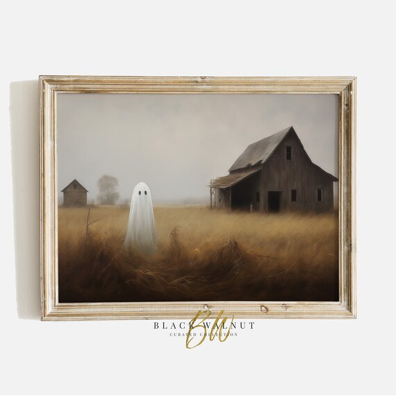 Ghost Wall Art Print Halloween Moody Spooky Ghost In Fall Field Vintage Style Painting Cottagecore Decor Barn Ghost Art