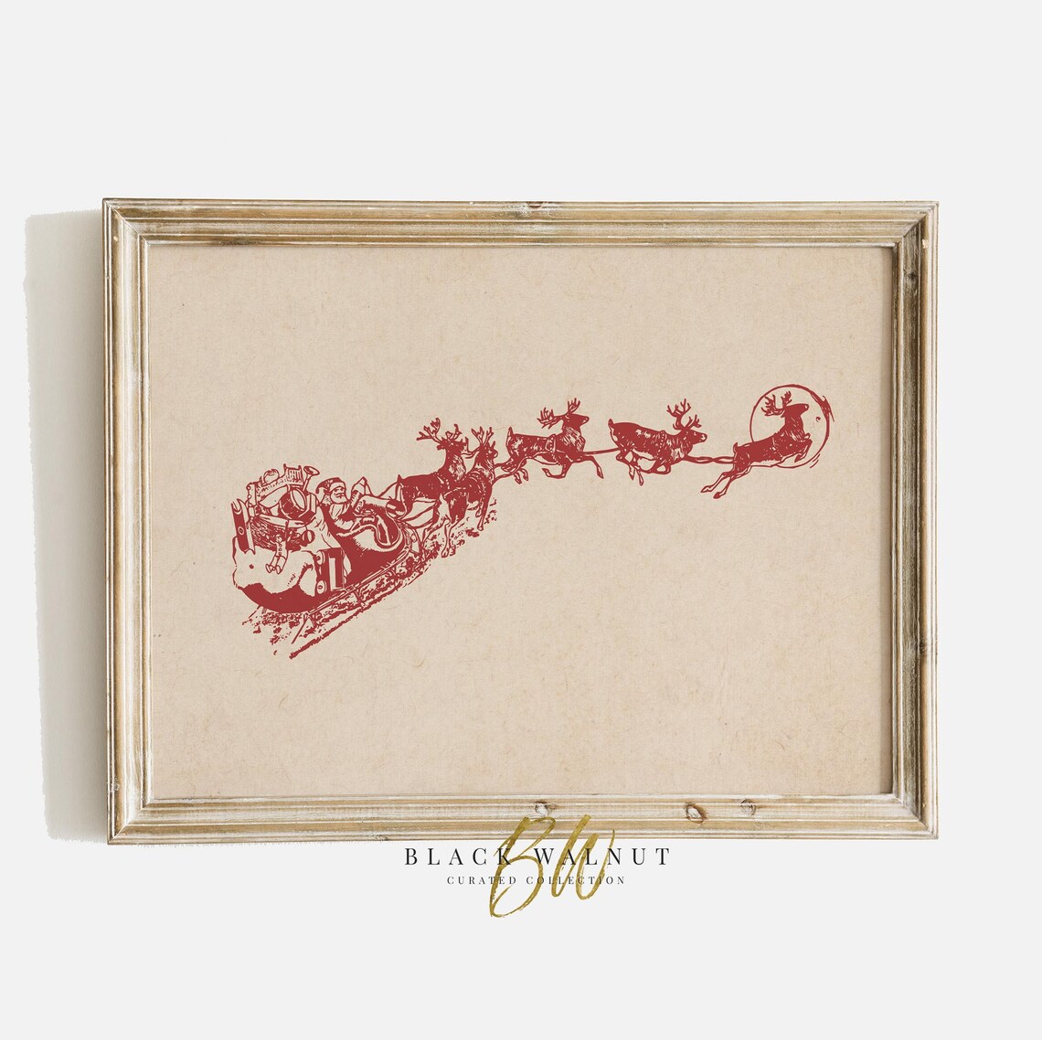 Santas Sleigh And Reindeer Vintage Sketch Art Print