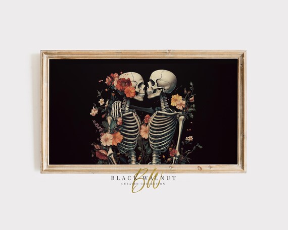 Skeleton Lovers Embracing Flowers Dark Gothic Romance Halloween Poster