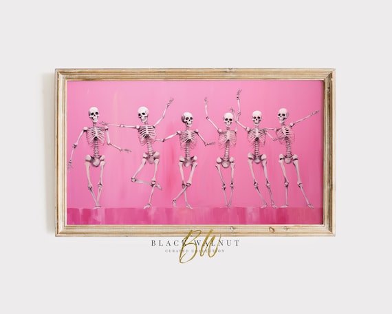 Six Dancing Skeletons in a Row on Pink Girly Halloween Party Poster
