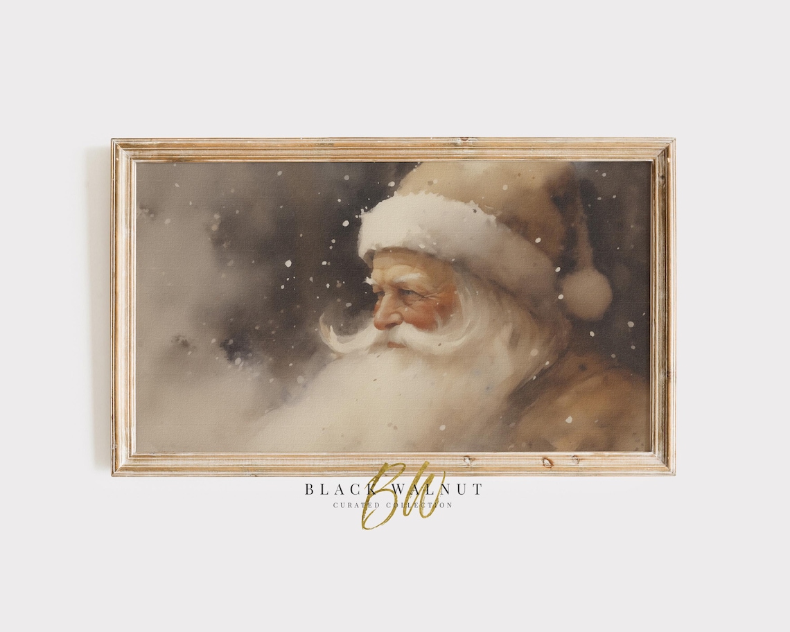 Vintage Santa Claus Portrait Snowy Night Neutral Christmas Wall Poster