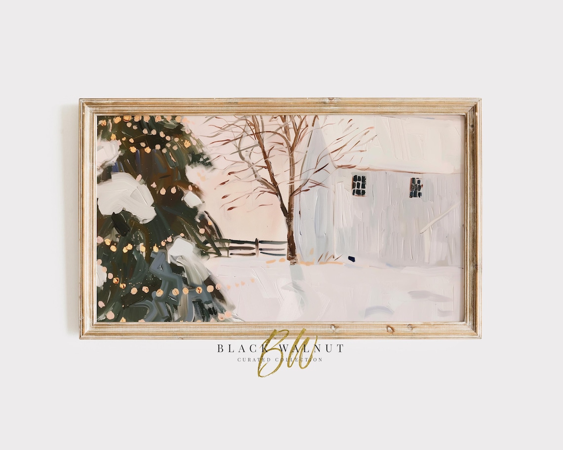 Snowy Christmas Tree Farmhouse Winter Landscape Holiday Art Print