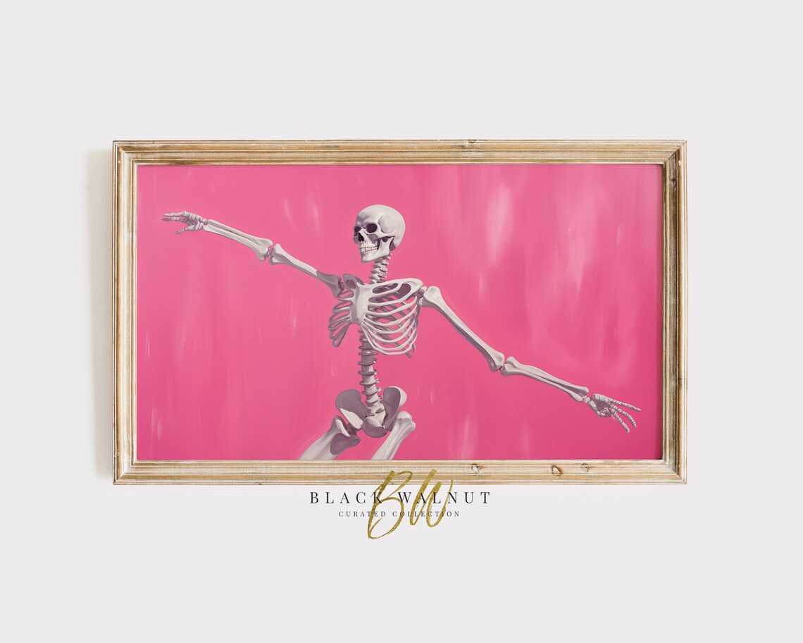 Single Dancing Skeleton on Bright Pink Background Girly Halloween Poster
