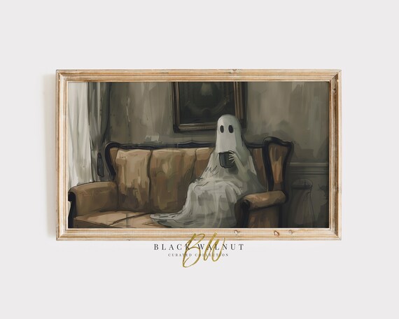 Ghost on Tan Couch Holding Mug Vintage Style Funny Halloween Wall Art Poster