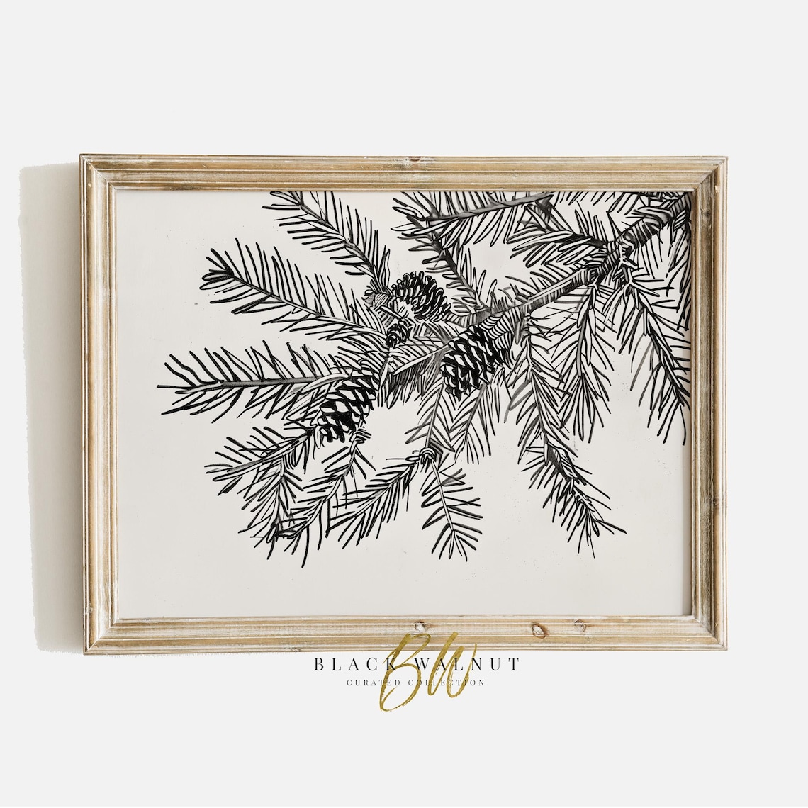 Winter Branch Sketch Art, Neutral Christmas Farmhouse