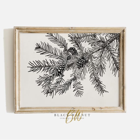 Winter Branch Sketch Art, Neutral Christmas Farmhouse