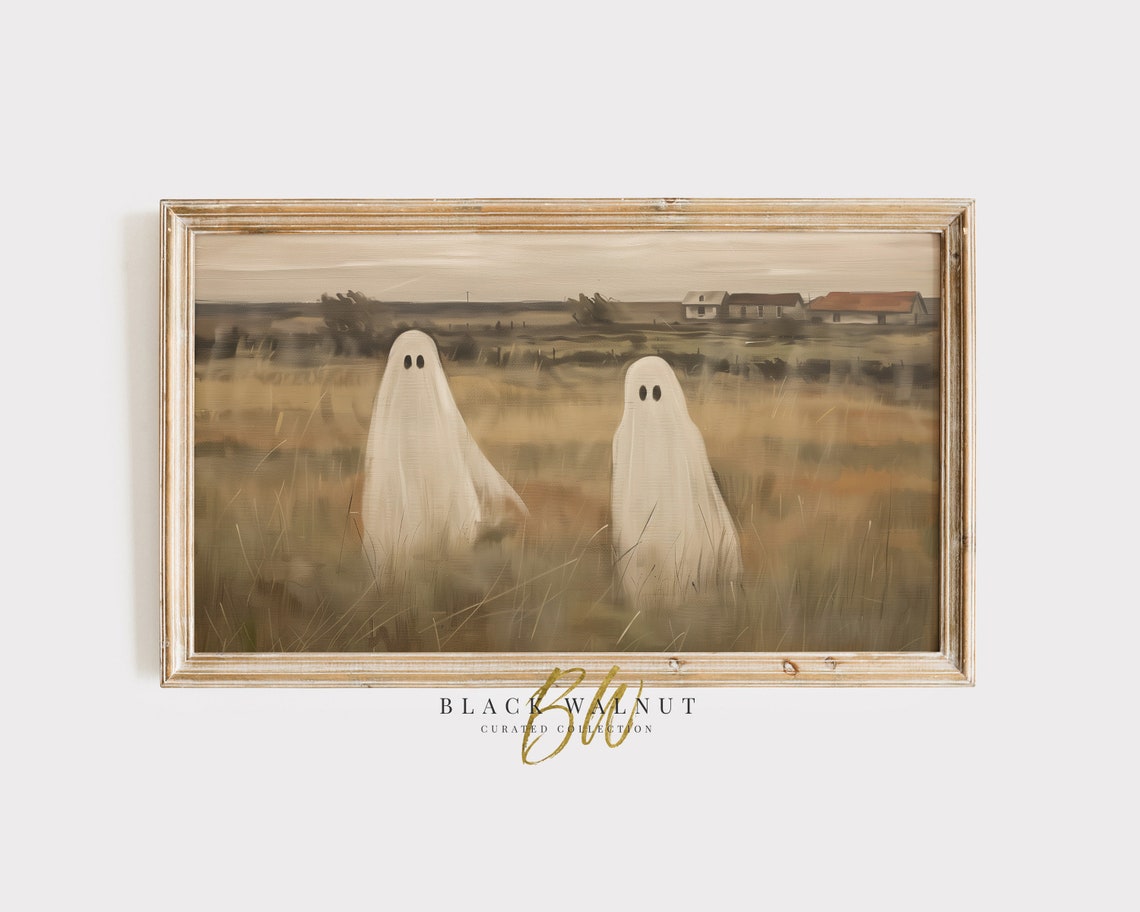 Two Ghosts in Fall Meadow with Farm Vintage Country Halloween Poster