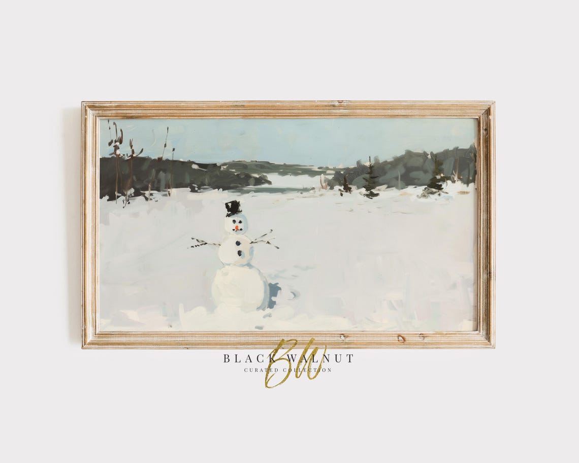 Snowman In Open Snow Field Loose Painterly Winter Landscape Art Poster