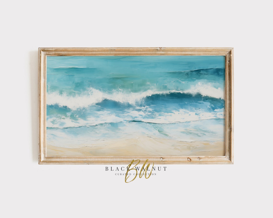 Turquoise Ocean Waves Crashing White Foam Sandy Beach Coastal Poster