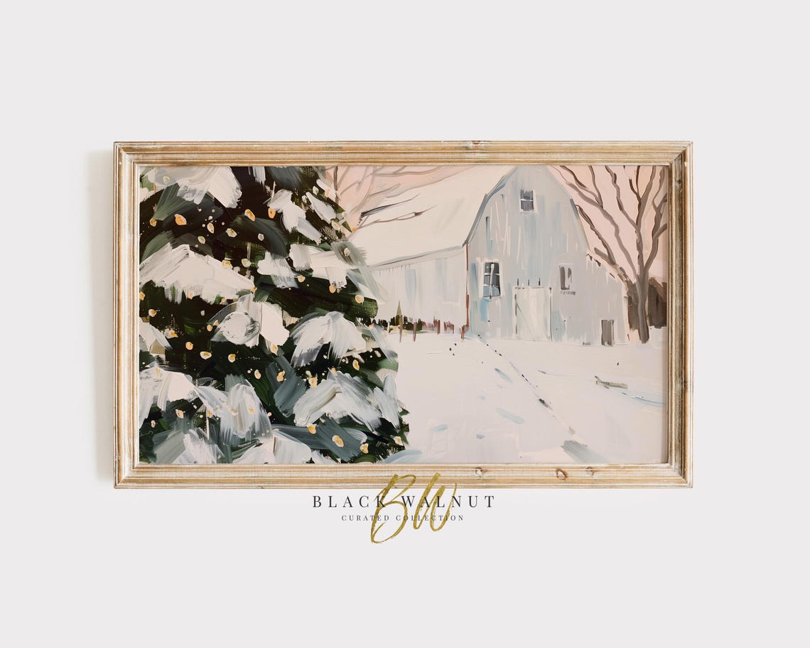 Glowing Snowy Christmas Tree White Barn Winter Dusk Art Print