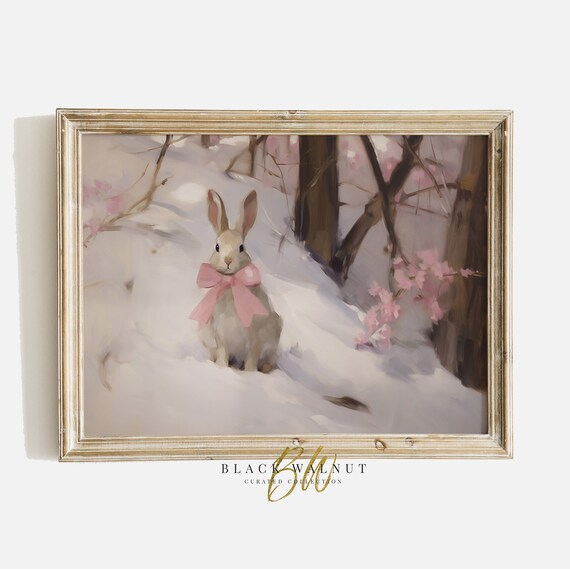 Sweet Bunny with Pink Bow in Snowy Blossom Woods Easter Nursery Wall Art