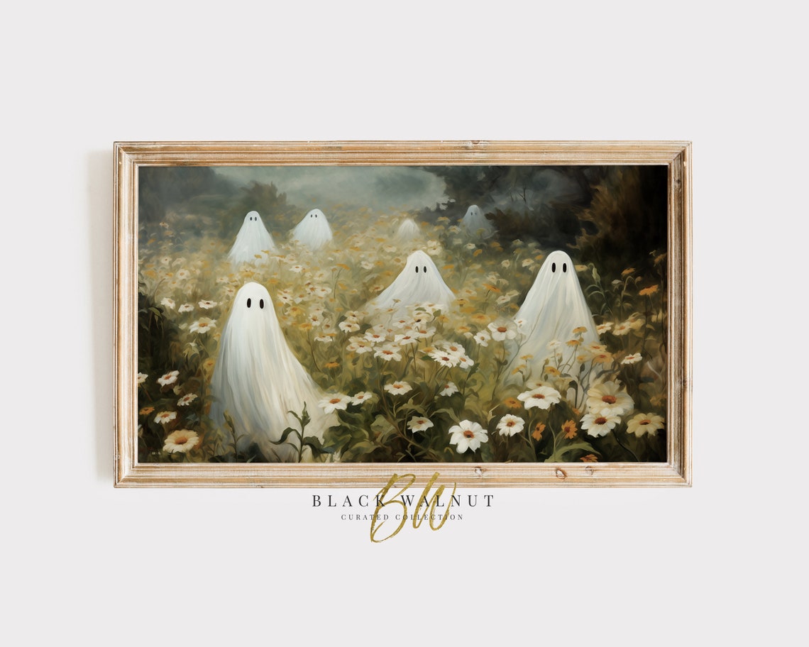 Cute Ghosts Wildflower Meadow Daisy Field Fall Halloween Art Poster