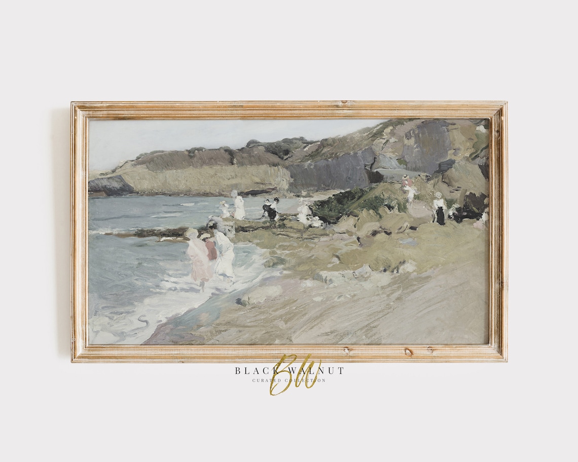 Frame Tv Art Vintage Seaside Painting Coastal Antique Oil Painting Vintage Summer Decor Muted Ocean Print Vintage Beach House