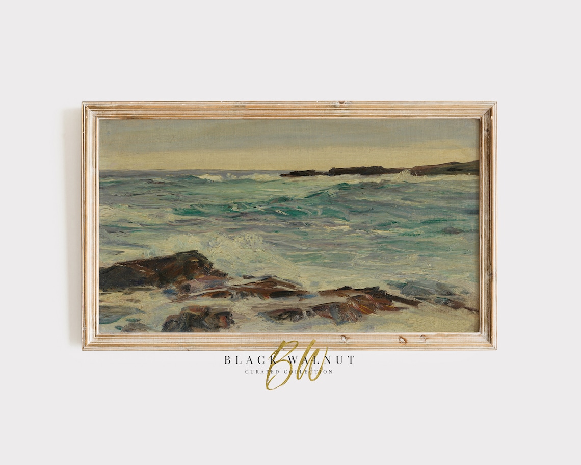 Moody Coastal Seascape Waves On Rocks Vintage Ocean Painting Wall Print
